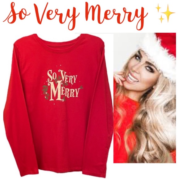 Christmas Statement Shirt Long Sleeve Red Graphic Tee So Very Merry Christmas - Picture 1 of 9